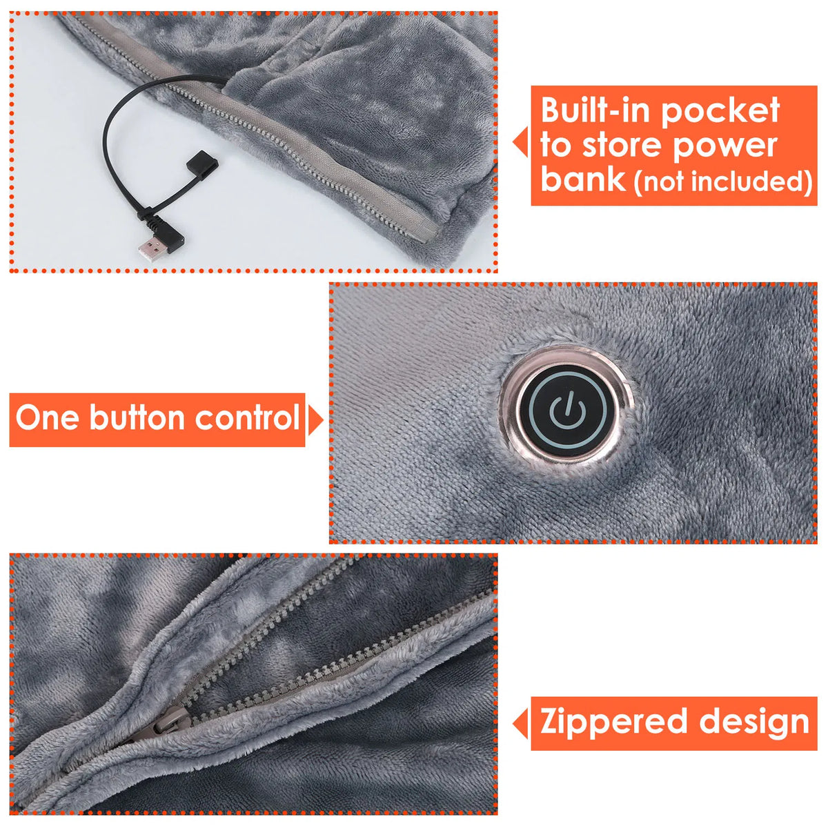 USB Heated Blanket Electric Heated Blanket Heated Poncho Shawl Wrap Throw with Zipper Washable for Home Office 59*31In