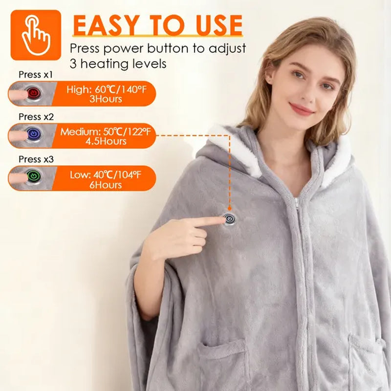 Wearable Heated Throw Blanket Double-Sided Flannel Portable Electric Heating Hoodie for Women Men Machine Washable 3 Heating Levels Battery Operated