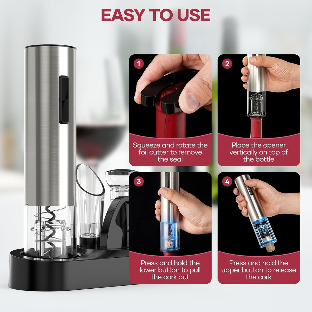 Electric Wine Opener,Rechargeable Automatic Wine Opener Corkscrew Opener Set with Wine Stopper, Foil Cutter, Wine Aerator,Storage Base & USB-C Cable Gifts for Wine Lovers
