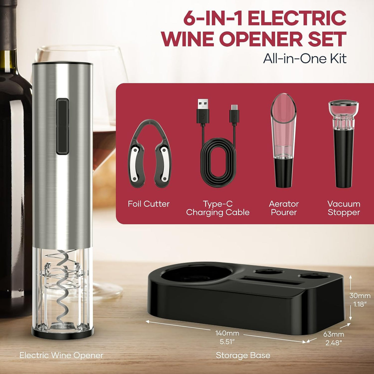 Electric Wine Opener,Rechargeable Automatic Wine Opener Corkscrew Opener Set with Wine Stopper, Foil Cutter, Wine Aerator,Storage Base & USB-C Cable Gifts for Wine Lovers