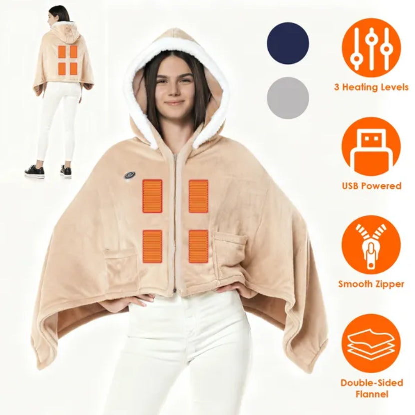 Wearable Heated Throw Blanket Double-Sided Flannel Portable Electric Heating Hoodie for Women Men Machine Washable 3 Heating Levels Battery Operated