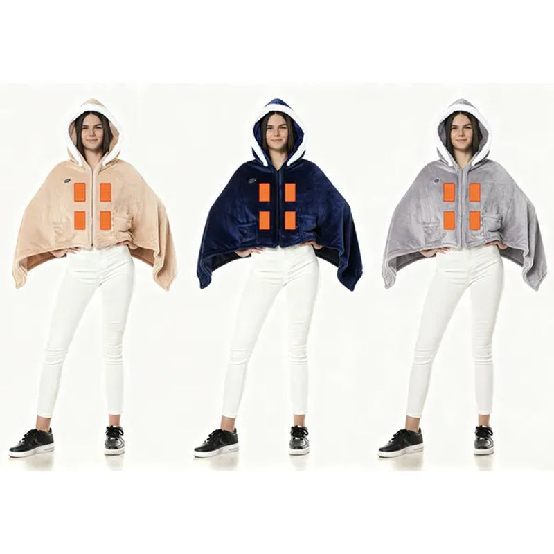Wearable Heated Throw Blanket Double-Sided Flannel Portable Electric Heating Hoodie for Women Men Machine Washable 3 Heating Levels Battery Operated