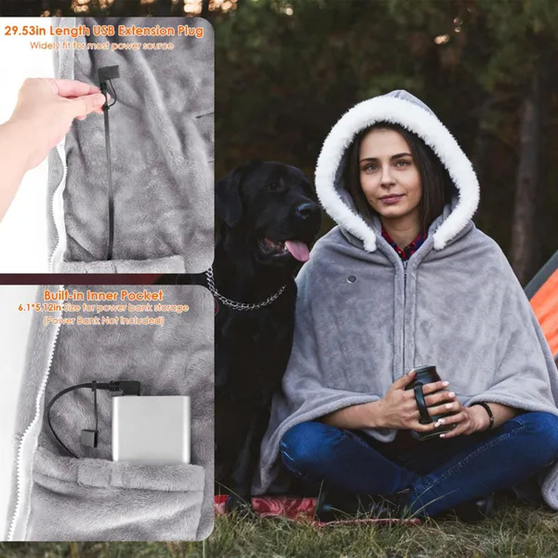 Wearable Heated Throw Blanket Double-Sided Flannel Portable Electric Heating Hoodie for Women Men Machine Washable 3 Heating Levels Battery Operated