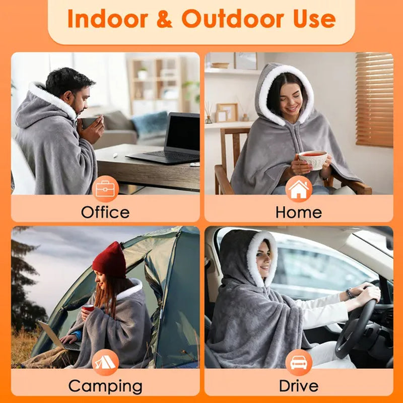 Wearable Heated Throw Blanket Double-Sided Flannel Portable Electric Heating Hoodie for Women Men Machine Washable 3 Heating Levels Battery Operated