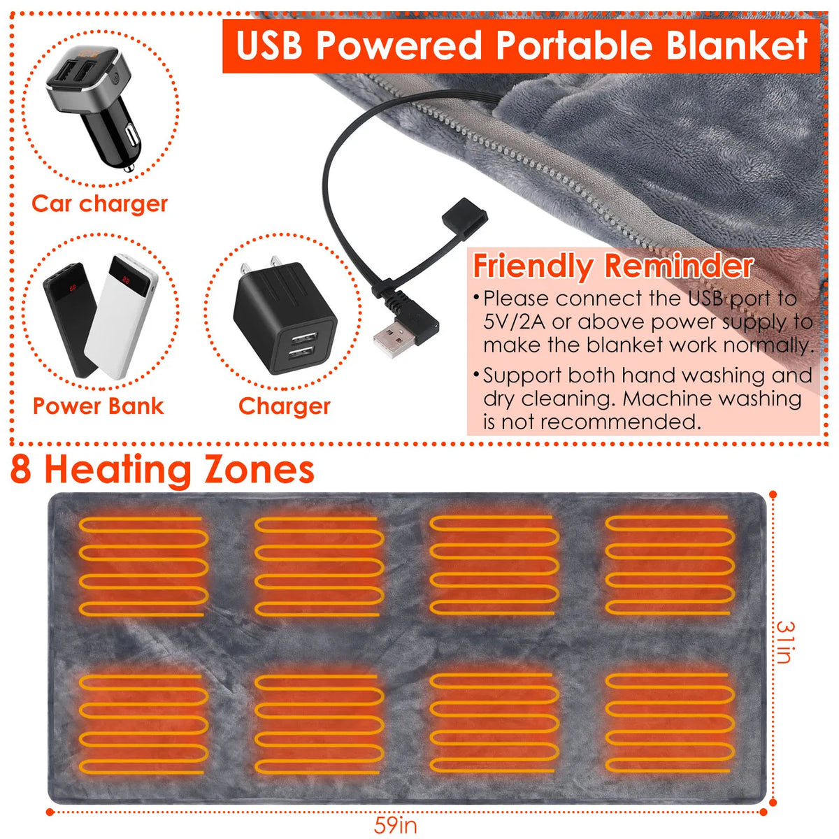 USB Heated Blanket Electric Heated Blanket Heated Poncho Shawl Wrap Throw with Zipper Washable for Home Office 59*31In