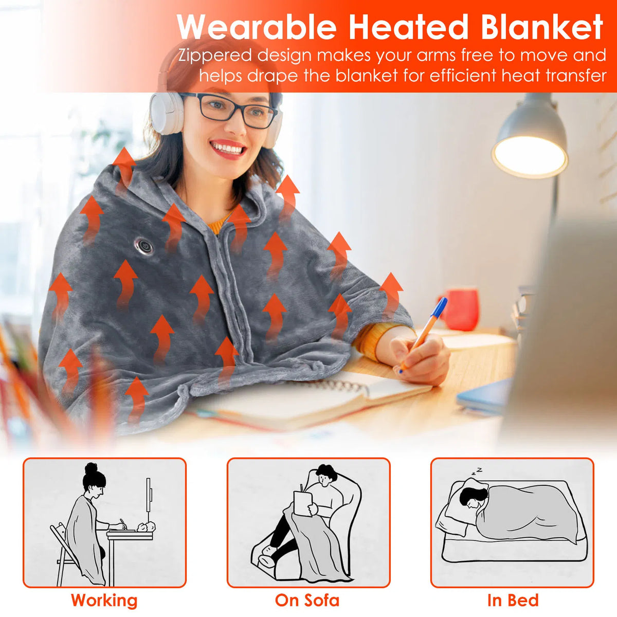 USB Heated Blanket Electric Heated Blanket Heated Poncho Shawl Wrap Throw with Zipper Washable for Home Office 59*31In